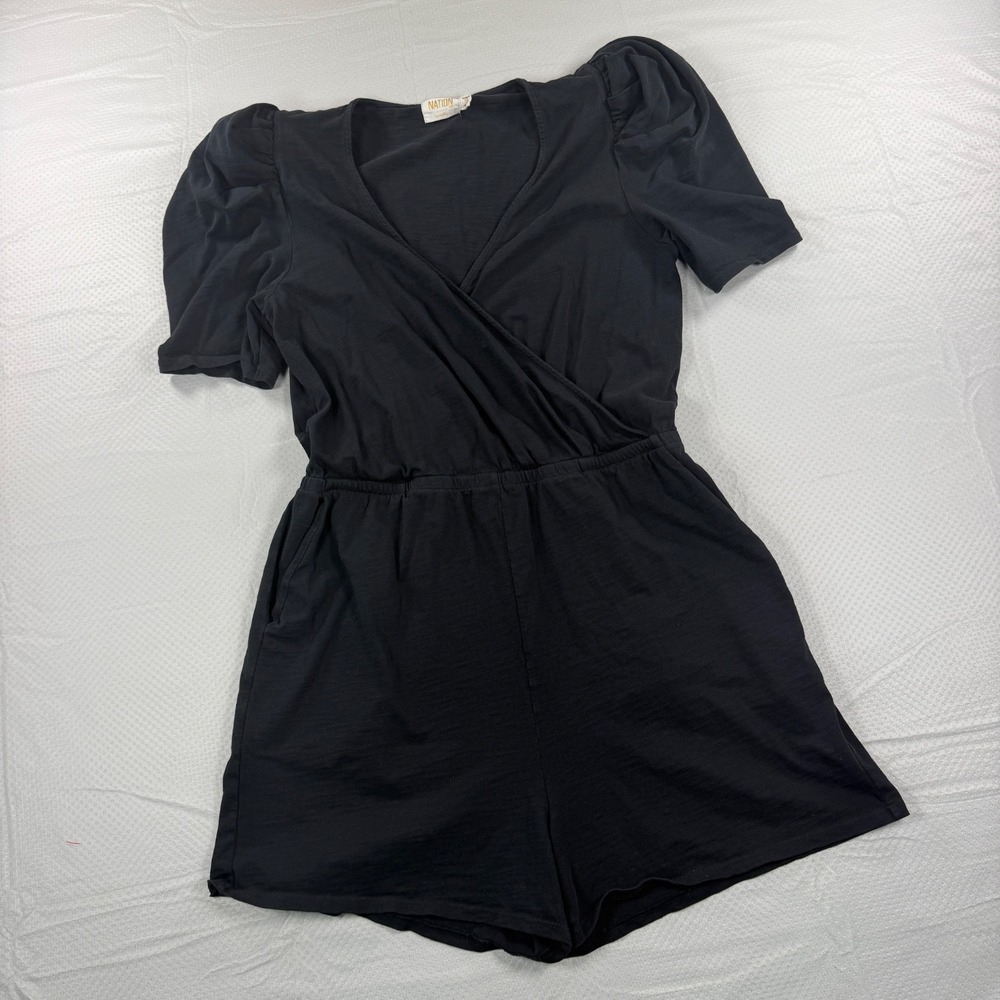 Nation LTD Size XL Black Cotton Puff Short Sleeve Wrap Romper Shorts Jumpsuit
